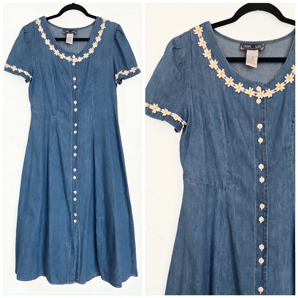 Vintage Daisy Trim Denim Jean Button Front Midi Dress, M - Picture 2 of 11